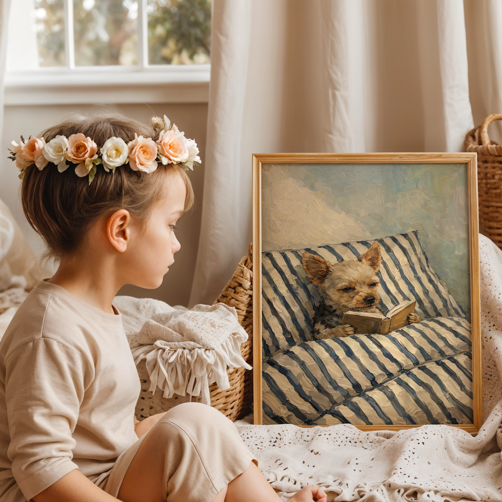 Custom Personalized Dog Cat Pet Reading Book in Bed Art Wooden Framed Poster