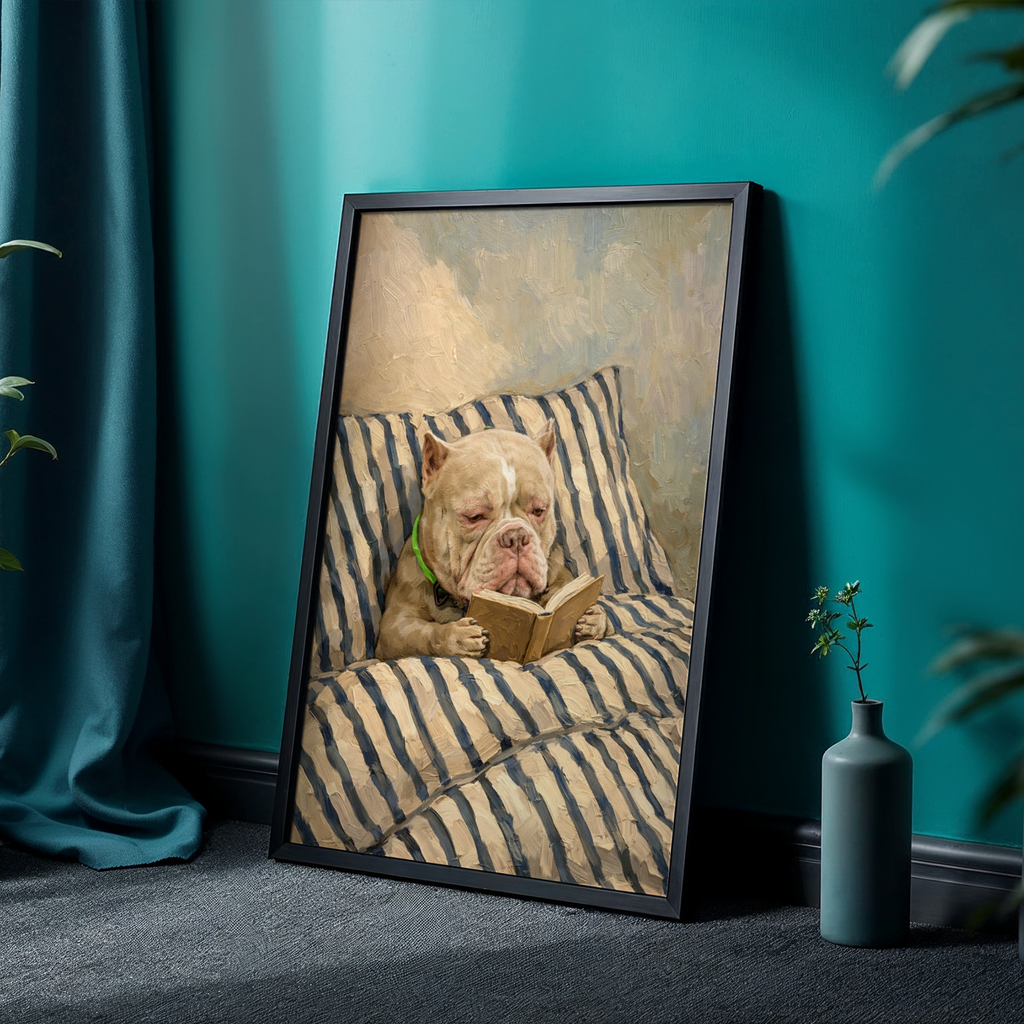 Custom Personalized Dog Cat Pet Reading Book in Bed Art Wooden Framed Poster