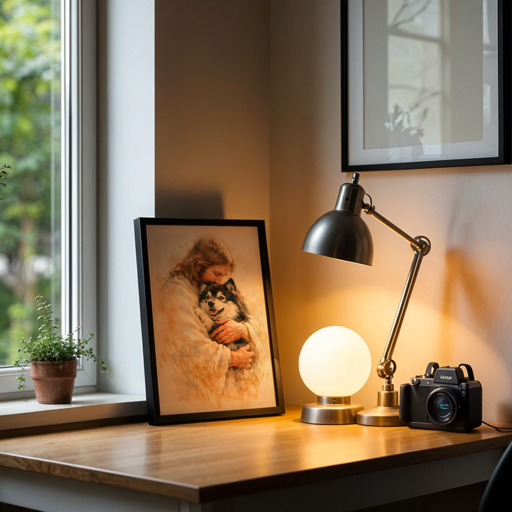 Custom Personalized Poster - Photo to Art with Jesus Holding Your Pet Watercolor Wall Art