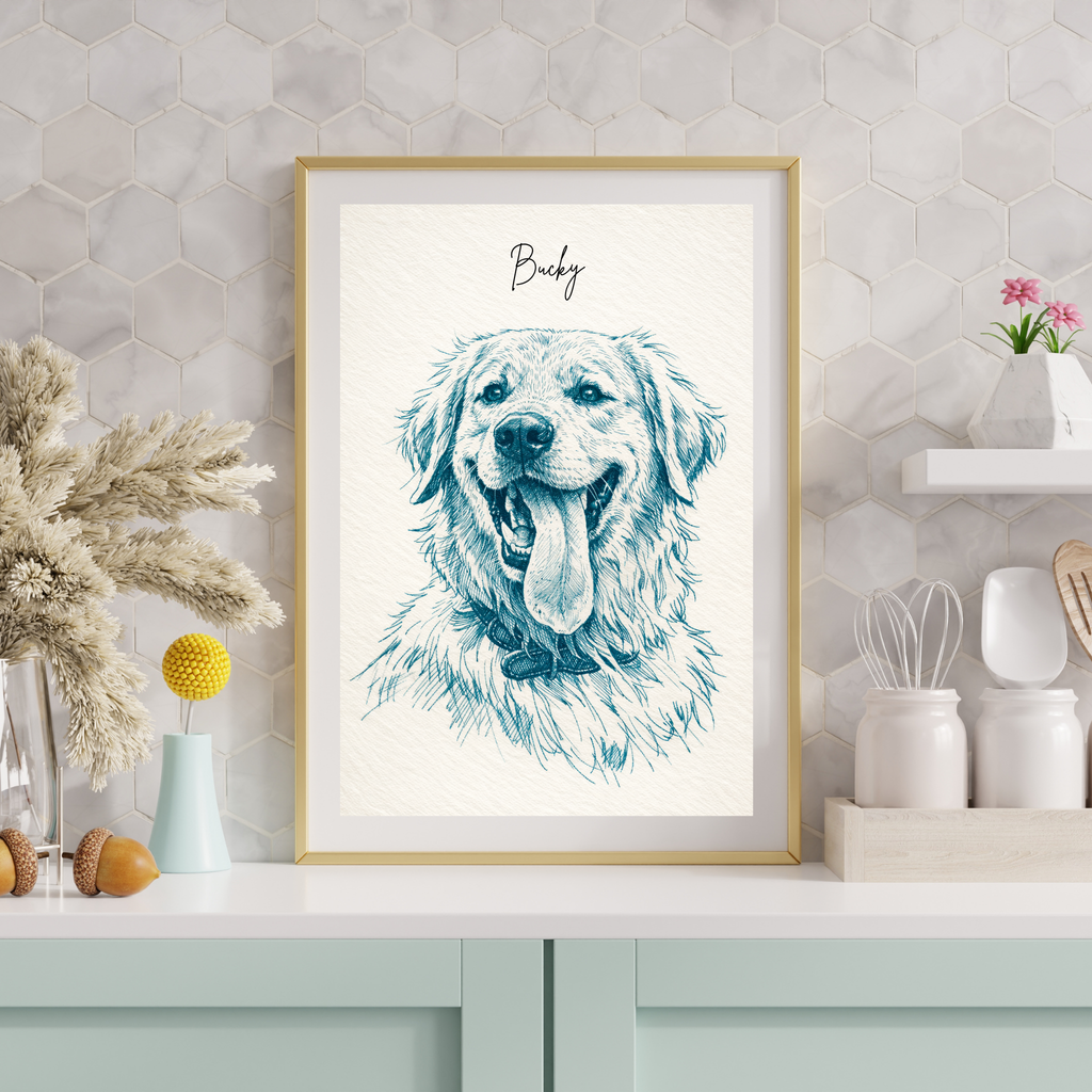 Custom Personalized Poster - Dog Cat Pet Blue Sketch Portrait Wall Art