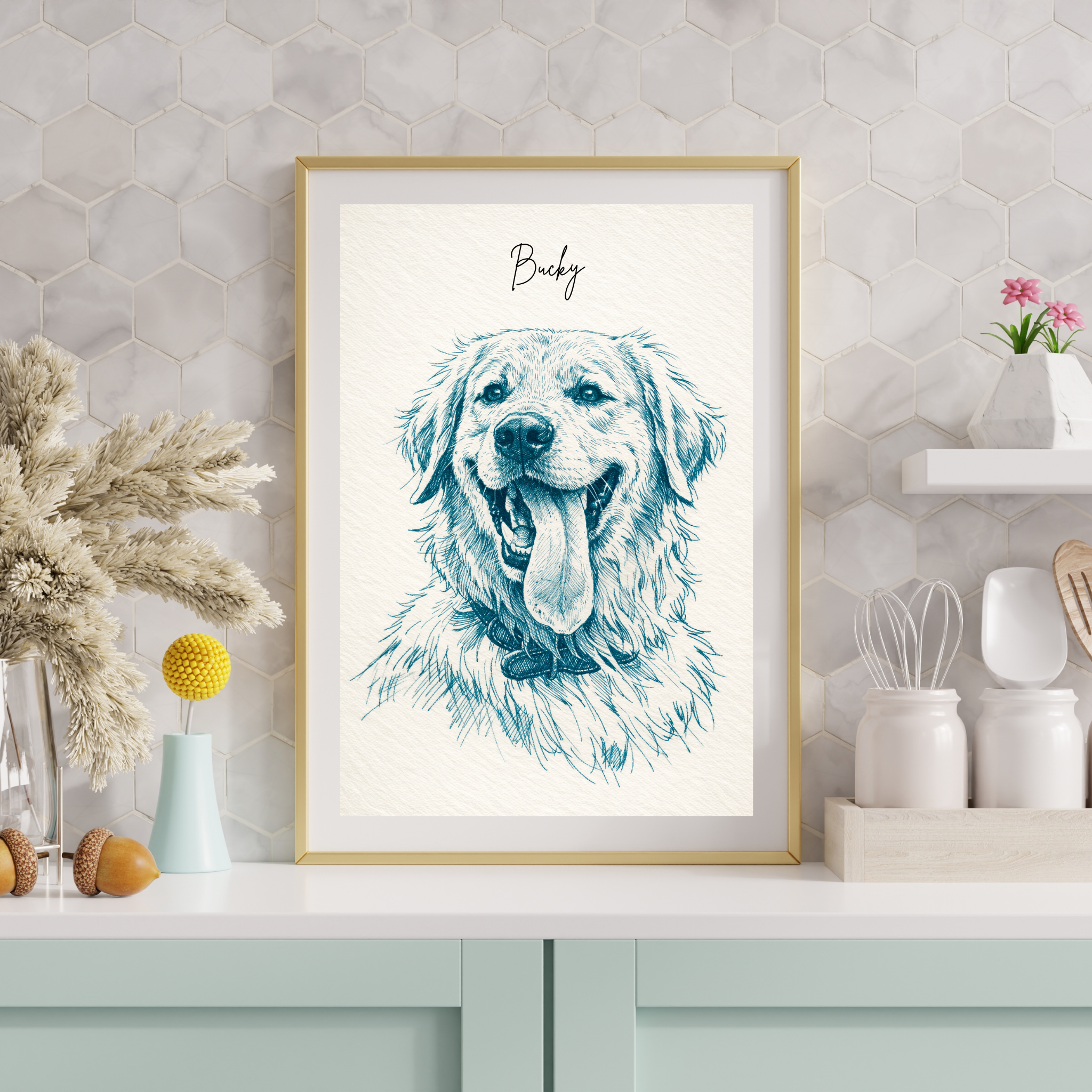 Custom Personalized Poster - Dog Cat Pet Blue Sketch Portrait Wall Art