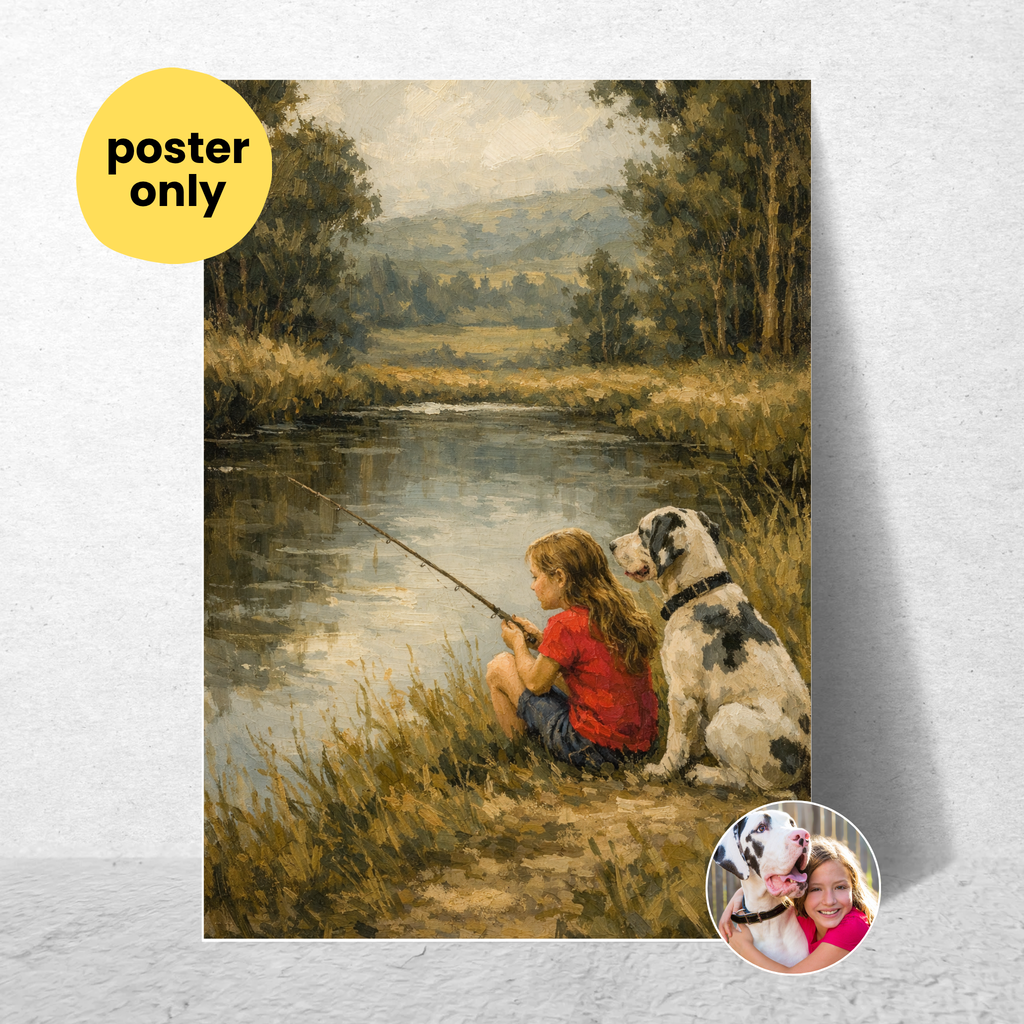 Custom Personalized Poster - Photo to Art Boy Fishing with Dog Cat Pet Portrait