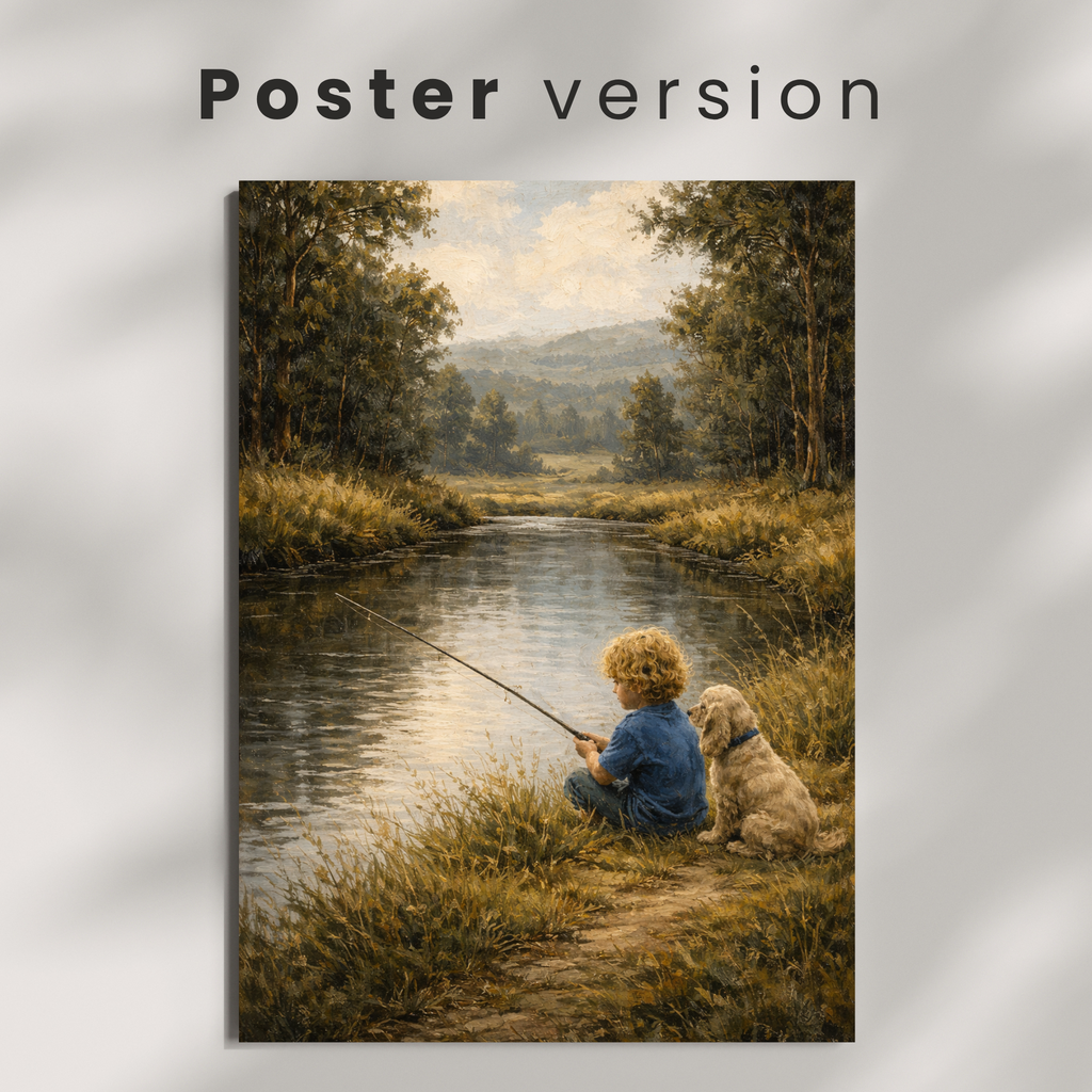 Custom Personalized Poster - Photo to Art Boy Fishing with Dog Cat Pet Portrait