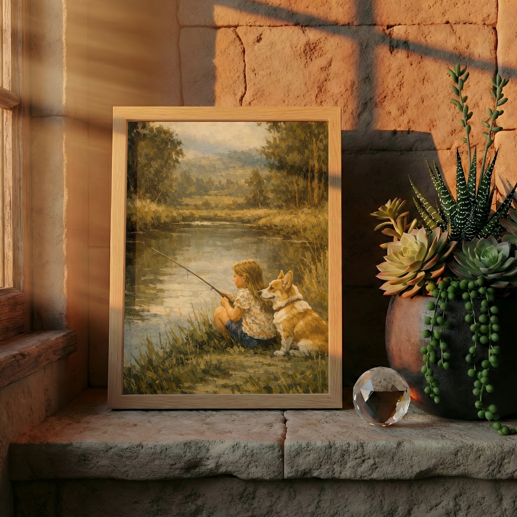 Custom Personalized Poster - Photo to Art Boy Fishing with Dog Cat Pet Portrait