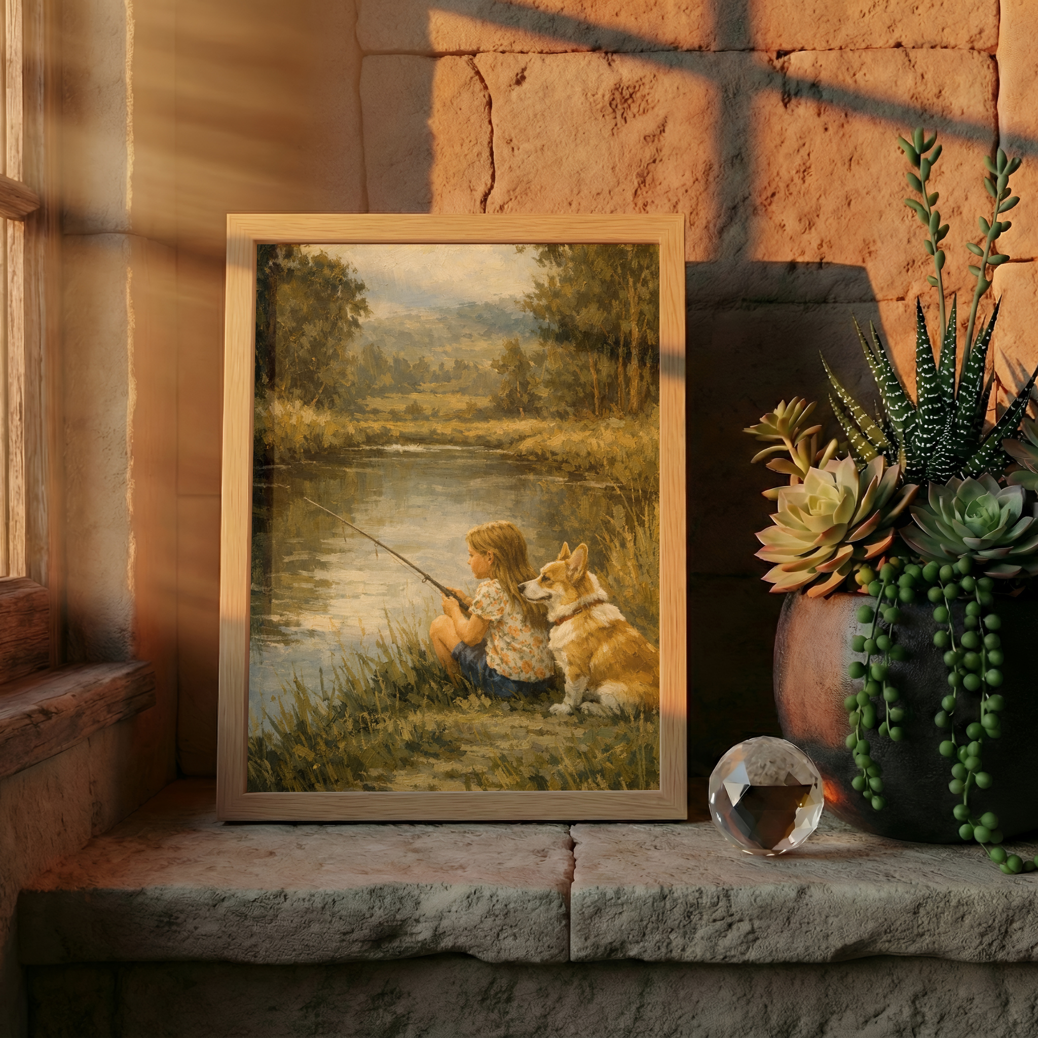 Custom Personalized Poster - Photo to Art Boy Fishing with Dog Cat Pet Portrait
