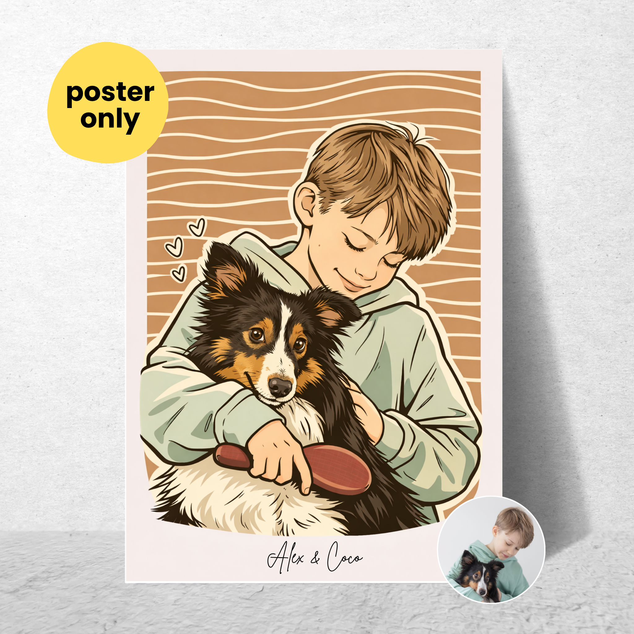 Custom Personalized Poster - Kids and Pet Dog Cat Illustration Line Art Style