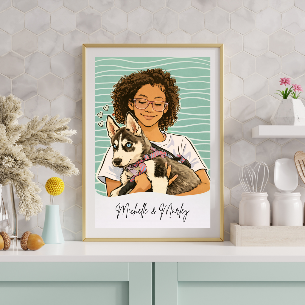 Custom Personalized Poster - Kids and Pet Dog Cat Illustration Line Art Style