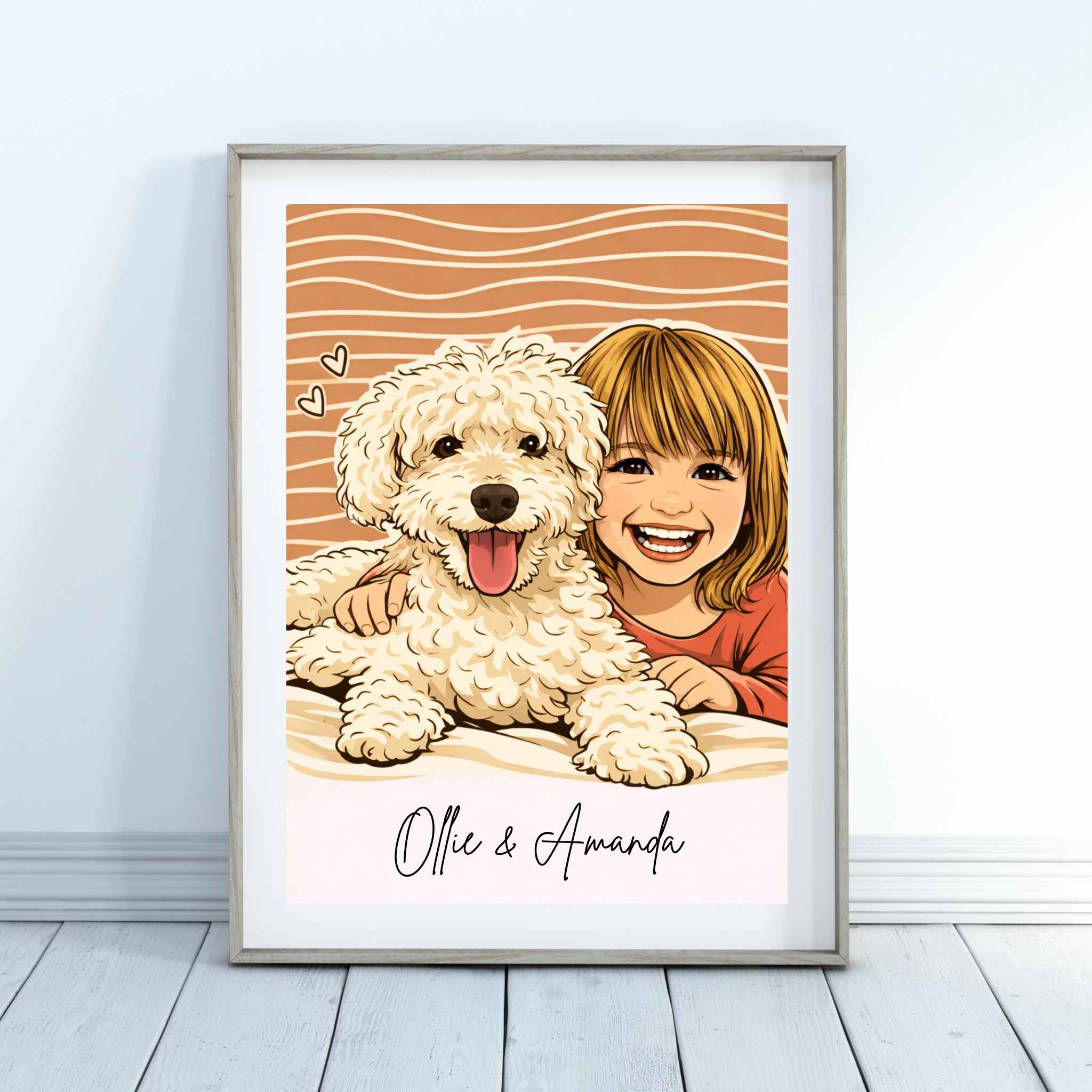 Custom Personalized Poster - Kids and Pet Dog Cat Illustration Line Art Style