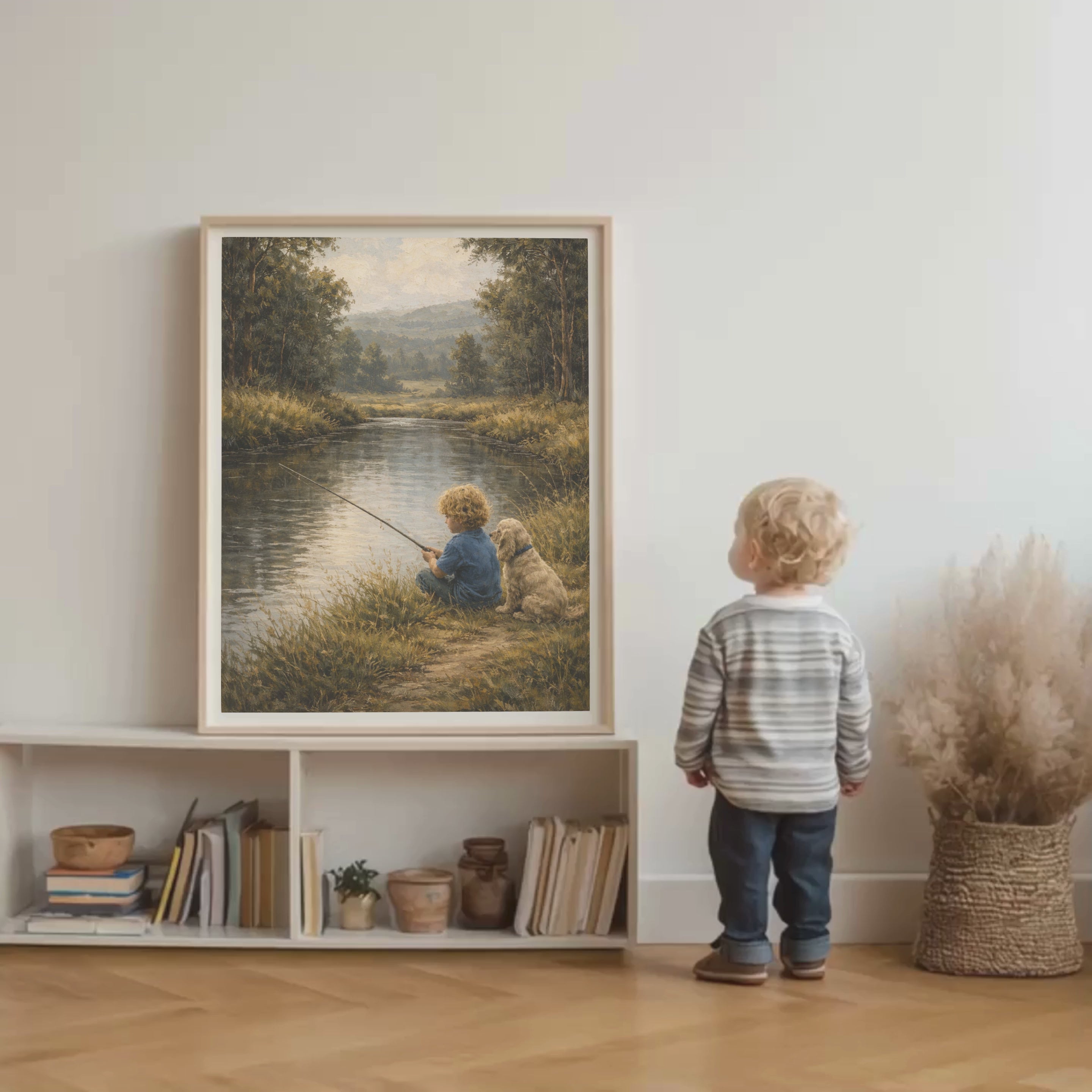 Custom Personalized Poster - Photo to Art Boy Fishing with Dog Cat Pet Portrait